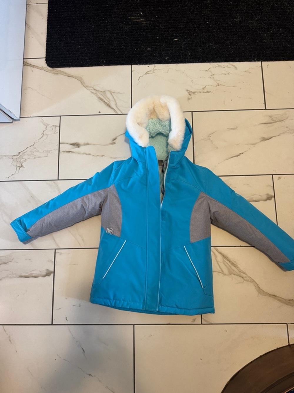 Girls' Teal Hooded Winter Jacket with Faux Fur Trim